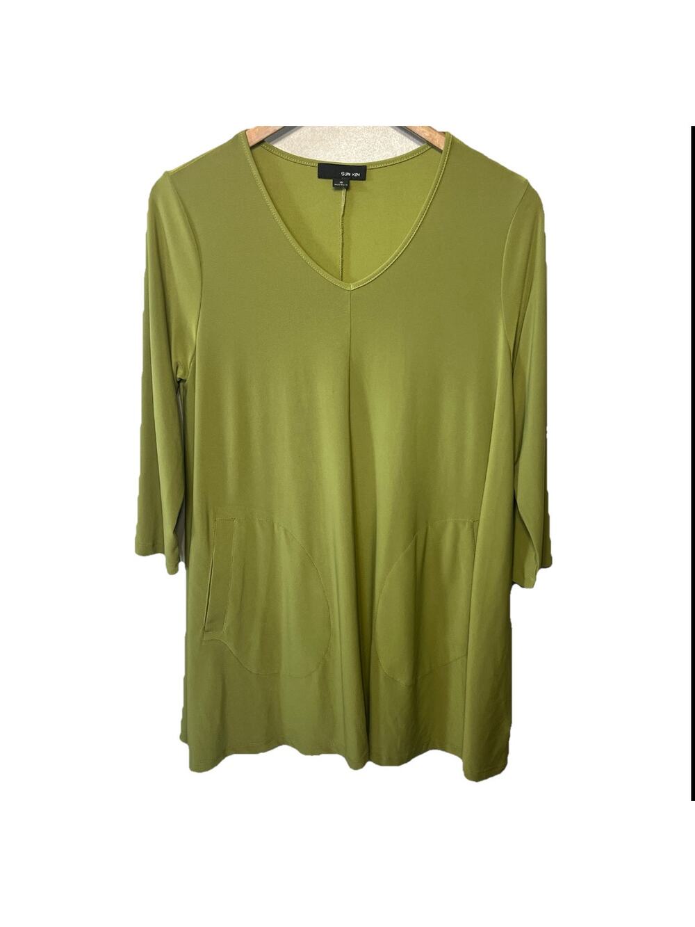Sun Kim Tunic Chartreuse Green V Neck Pocket Knit Lagenlook Comfy Casual S